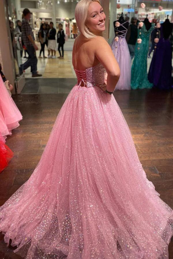 Vestido de fiesta largo de tul brillante sin tirantes, corte A, rosa claro, largo hasta el suelo, PSK411