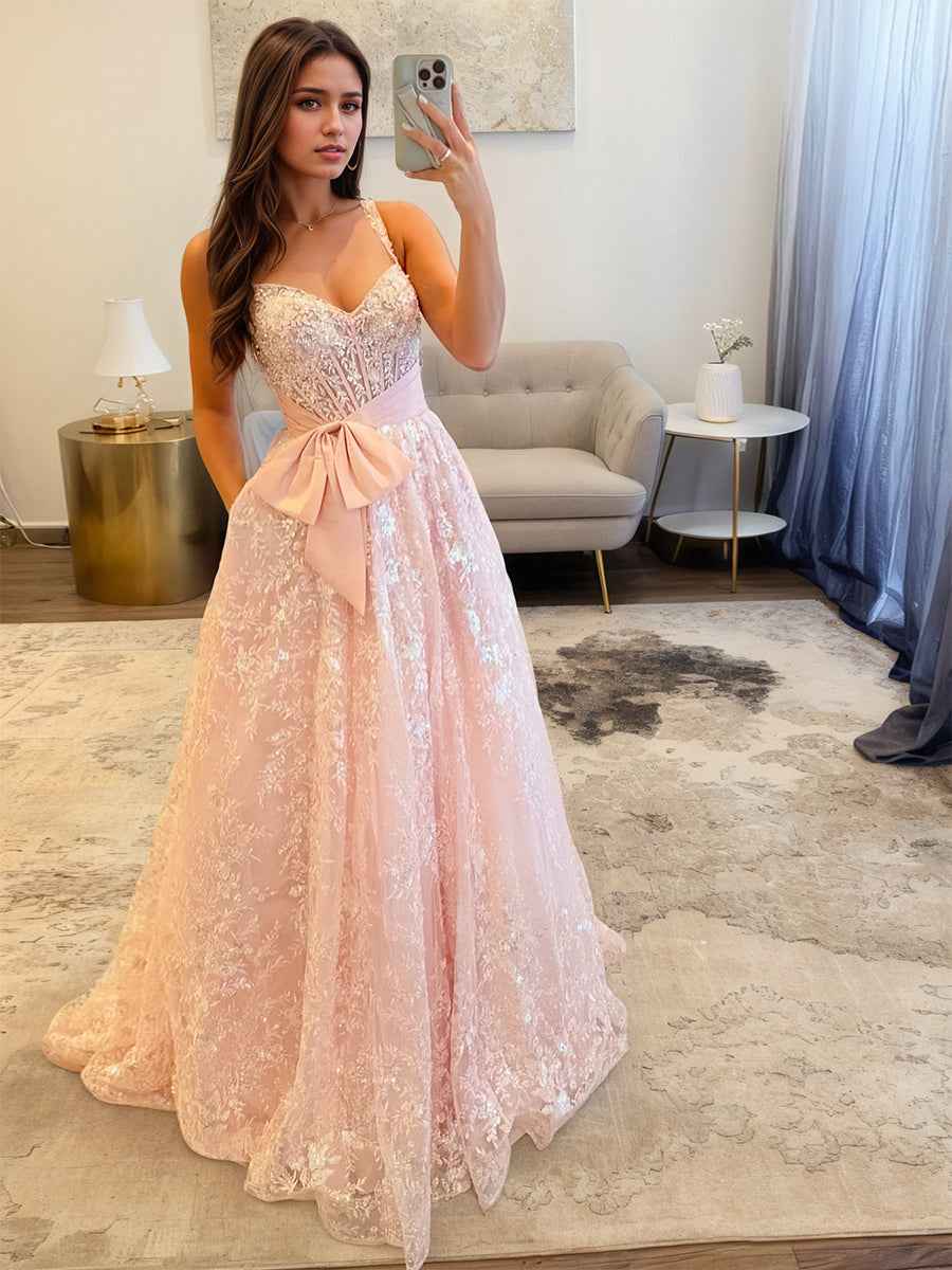 Light Pink A Line Sequin Long Prom Dress With Bow Detail