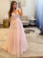 Light Pink A Line Sequin Long Prom Dress With Bow Detail