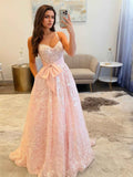 Light Pink A Line Sequin Long Prom Dress With Bow Detail