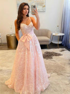 Light Pink A Line Sequin Long Prom Dress With Bow Detail