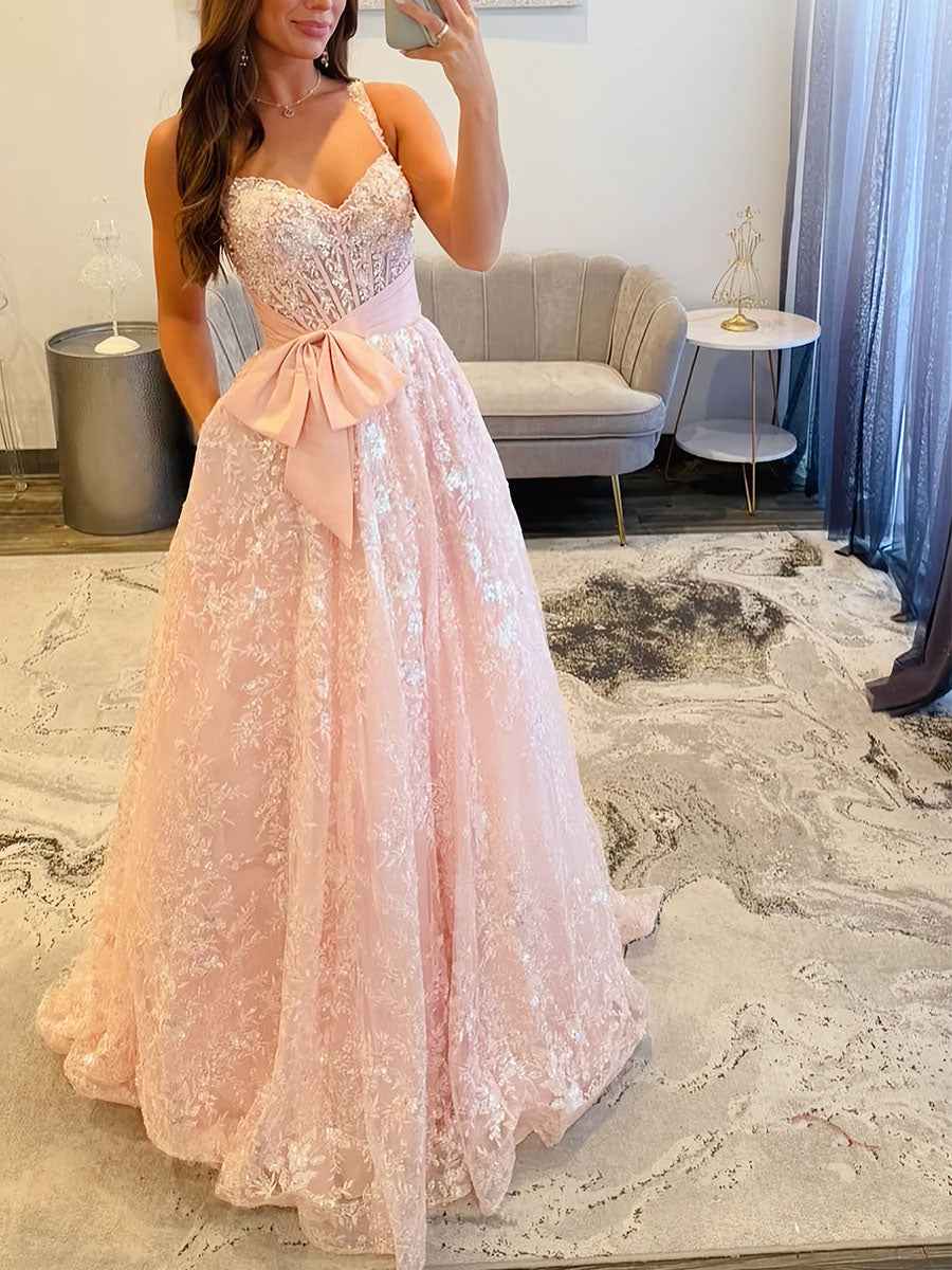 Light Pink Strapless A Line Sequin Long Prom Dress With Bow