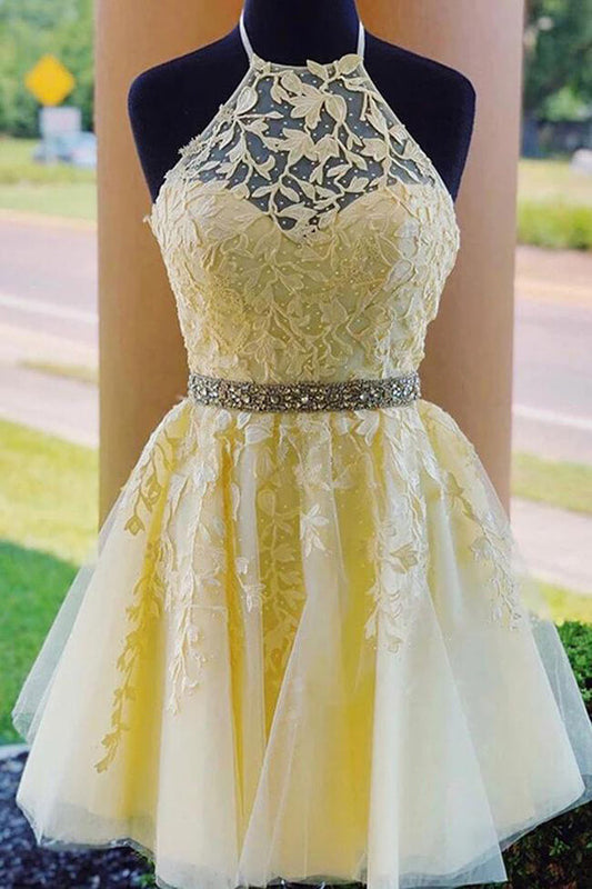 Light Yellow Lace Beaded A-line High Neck Homecoming Dresses