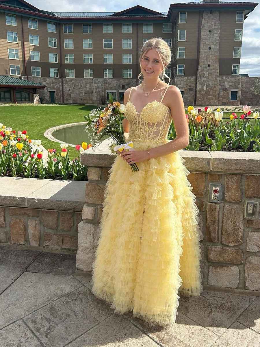 Light Yellow Tiered Ruffle Tulle Prom Dress With Beaded Applique Bodice