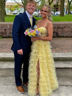 Light Yellow Tiered Ruffle Tulle Prom Dress With Beaded Applique Bodice