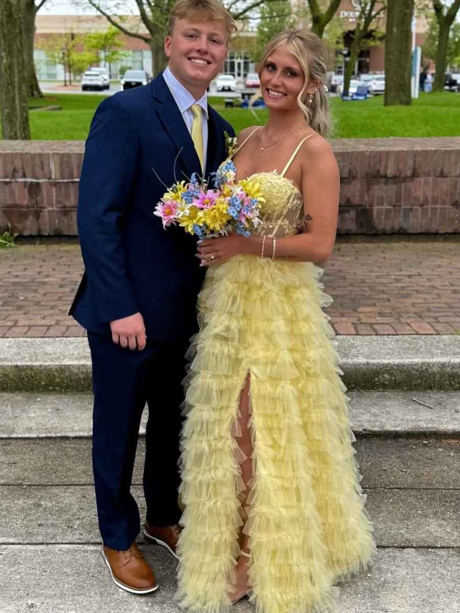 Light Yellow Tiered Ruffle Tulle Prom Dress With Beaded Applique Bodice