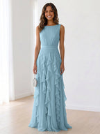 Sky Blue Tiered Chiffon Evening Maxi Dress With Ruched Bodice
