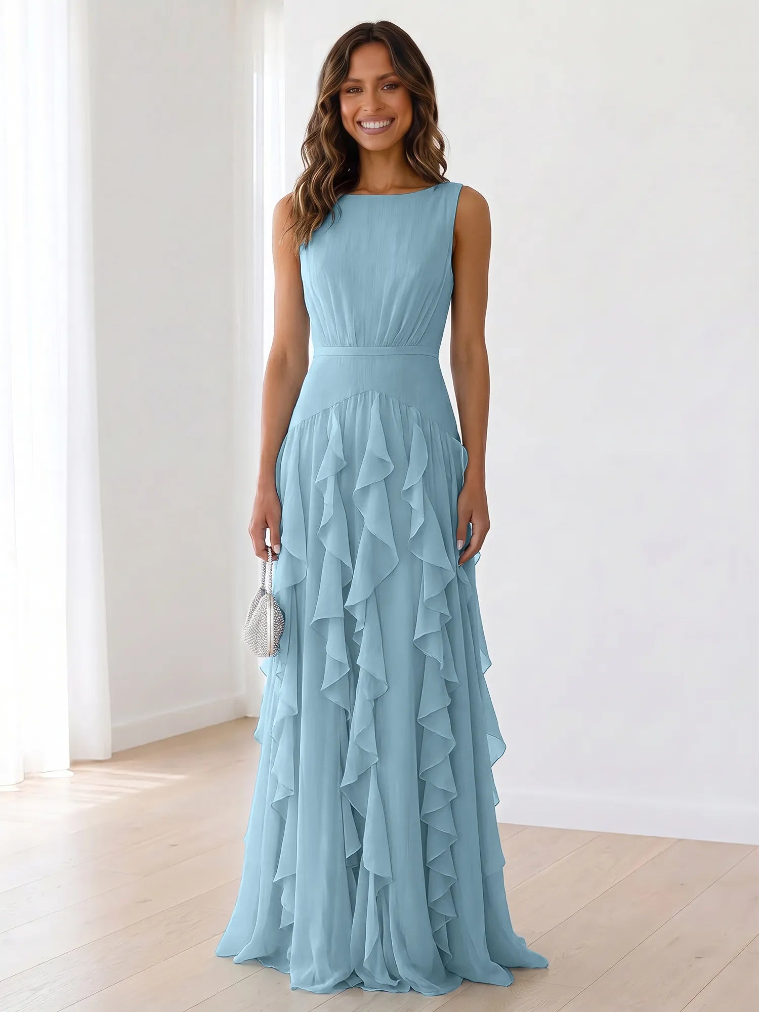 Sky Blue Tiered Chiffon Evening Maxi Dress With Ruched Bodice