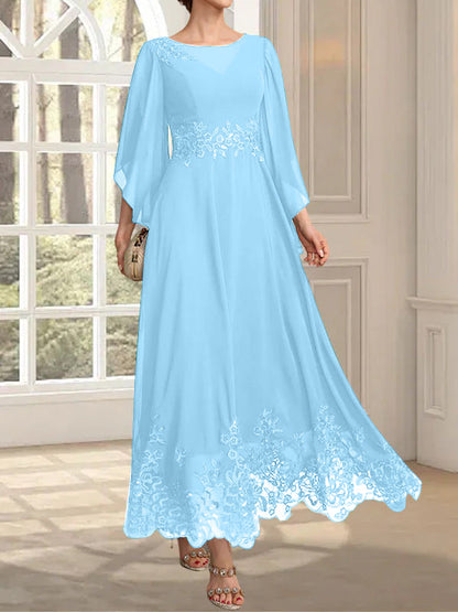 A-Linie, U-Ausschnitt, Illusion, knöchellang, Spitzen-Chiffon, Kleid für die Brautmutter mit Pailletten 