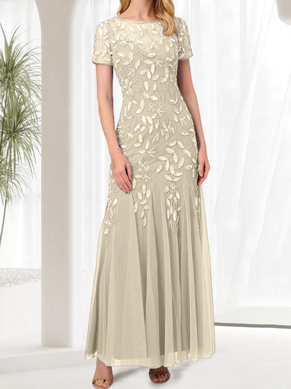 Blue Mermaid Round Neck Long Mother of the Bride Dress With Beadings