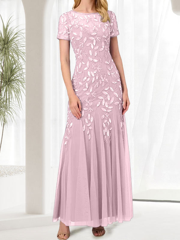 Vestido largo de sirena azul con cuello redondo para madre de la novia con cuentas