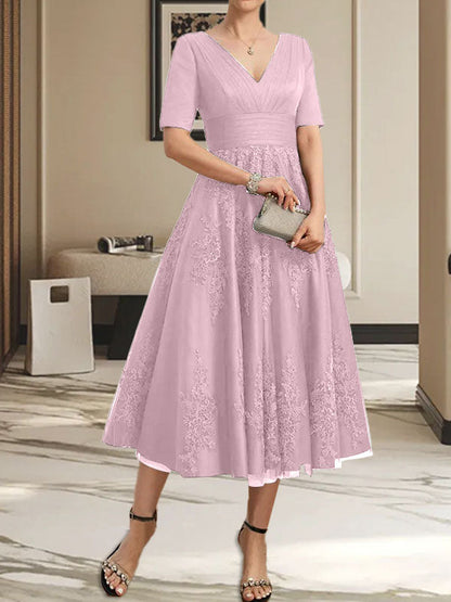 A-Linie V-Ausschnitt Wadenlanges Tüll-Spitzenkleid für die Brautmutter mit Plissee