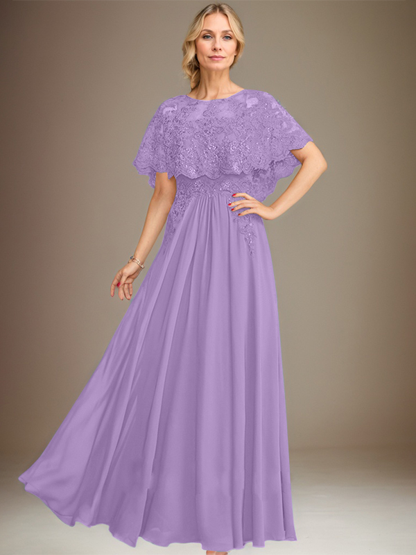 Robe de mère de la mariée en mousseline de soie à dentelle, longueur au sol, en ligne A, col bateau, ornée d'appliques à paillettes