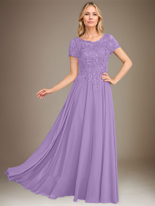 Robe de mère de la mariée en mousseline, longueur au sol, coupe en A, décolleté arrondi, ornée d'appliques et de paillettes