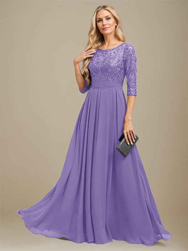 A-Linie U-Ausschnitt Bodenlang Spitzen-Chiffon-Kleid für die Brautmutter mit Paillettenapplikation 