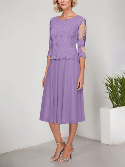 A-Linie U-Ausschnitt Wadenlang Spitzen Chiffon Mutter der Braut Kleid mit Stickerei 