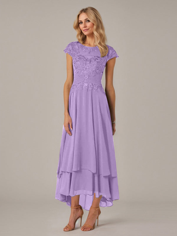 Robe de mère de la mariée en dentelle en mousseline asymétrique à encolure bateau illusion et plis avec appliqué, coupe en A