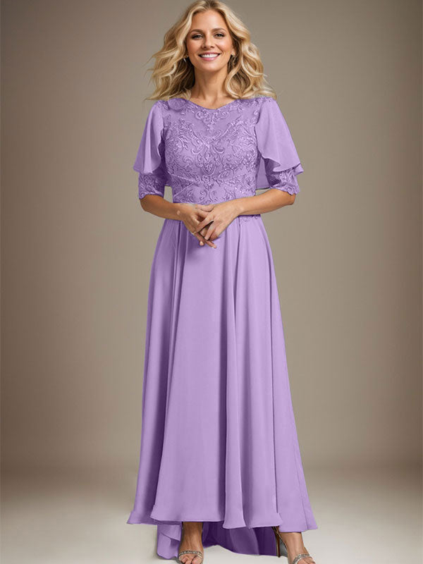 Robe de mère de la mariée en mousseline et dentelle asymétrique à encolure dégagée en ligne A avec perles