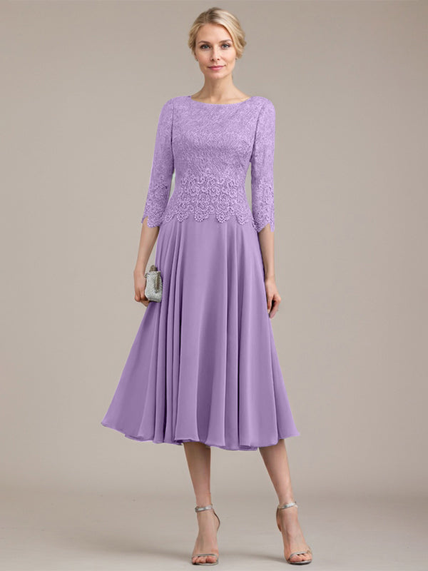 A-Linie U-Ausschnitt Wadenlang Chiffon-Kleid für die Brautmutter 