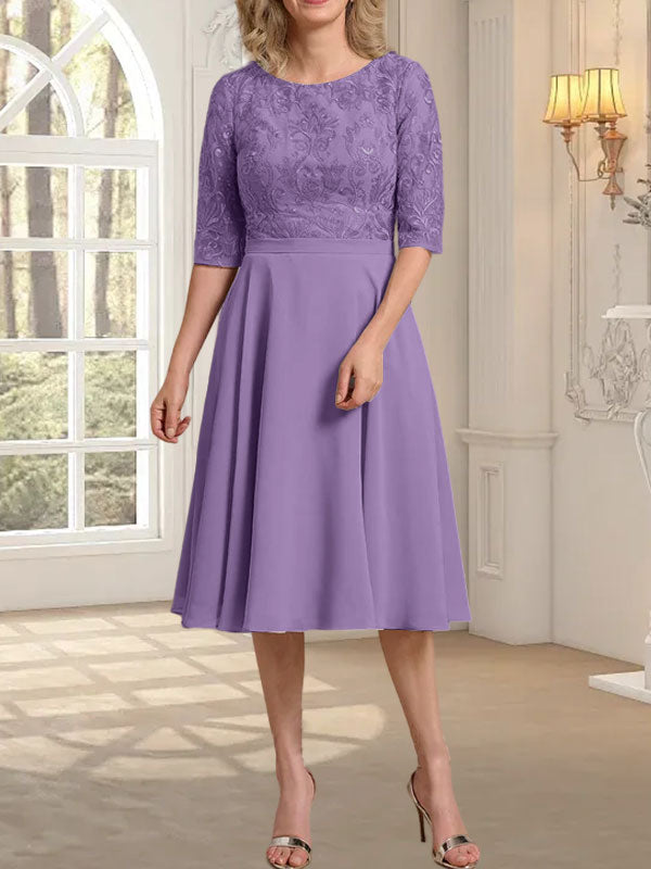 A-Linie U-Ausschnitt Knielang Chiffon Spitzenkleid für die Brautmutter