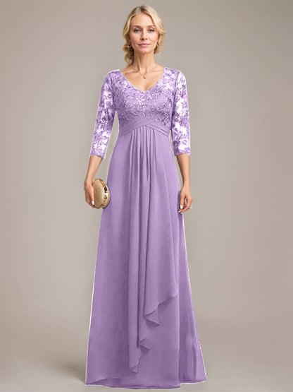Vestido de madre de la novia de gasa con encaje, escote en V, largo hasta el suelo, con volantes en cascada y lentejuelas 