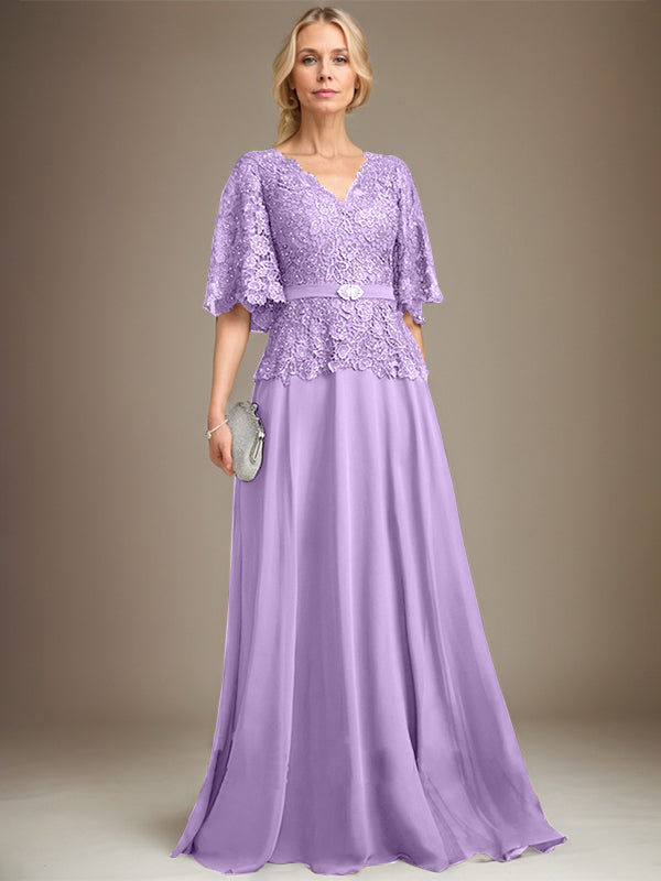 A-Linie V-Ausschnitt Bodenlang Chiffon Spitze Mutter der Braut Kleid Mit Kristall Brosche Strass 