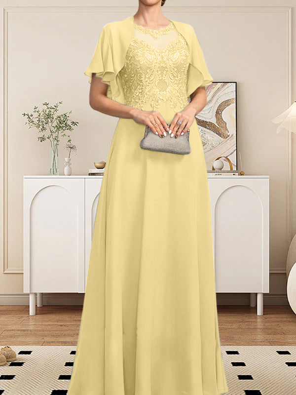 A-Linie, U-Ausschnitt, Illusion, bodenlanges Spitzen-Chiffon-Kleid für die Brautmutter mit Pailletten
