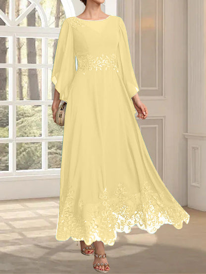 A-Linie, U-Ausschnitt, Illusion, knöchellang, Spitzen-Chiffon, Kleid für die Brautmutter mit Pailletten 