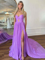 Lavender A Line Pleated Strapless Long Prom Dress With Slit