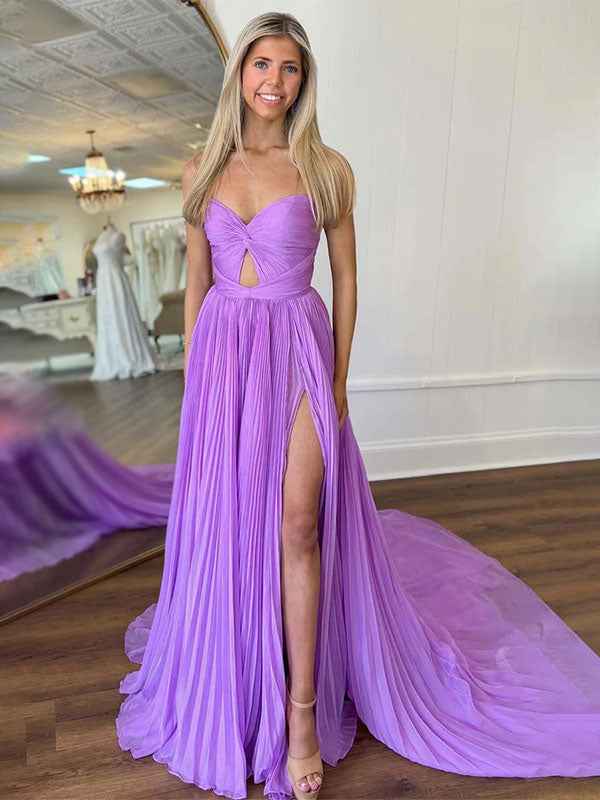 Lavender A Line Pleated Strapless Long Prom Dress With Slit
