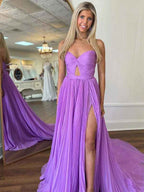 Lavender A Line Pleated Strapless Long Prom Dress With Slit