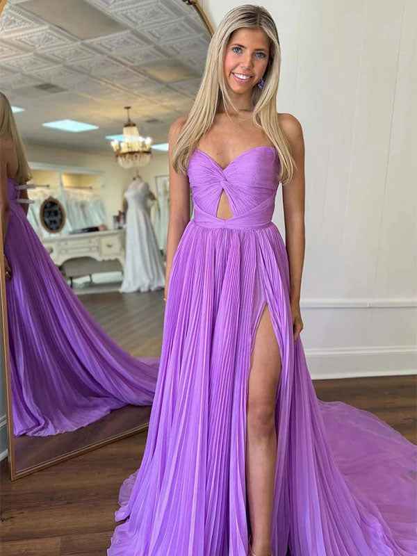 Lavender A Line Pleated Strapless Long Prom Dress With Slit