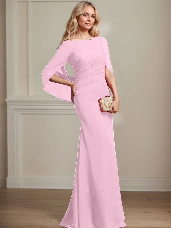 Vestido de madrina de novia de gasa con cuello barco estilo trompeta/cola de sirena y largo hasta el suelo con pliegues