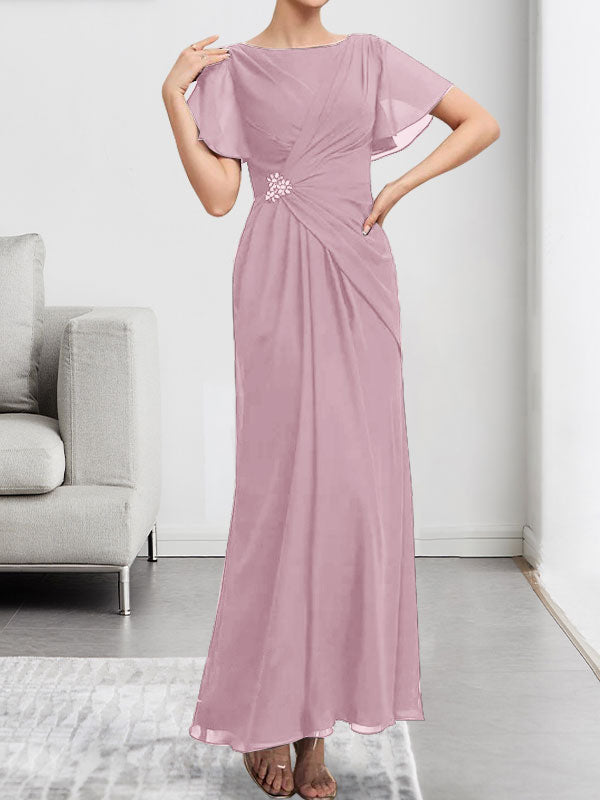 Robe de mère de la mariée en mousseline, longueur cheville, en ligne A, encolure dégagée, ornée de perles et plissée