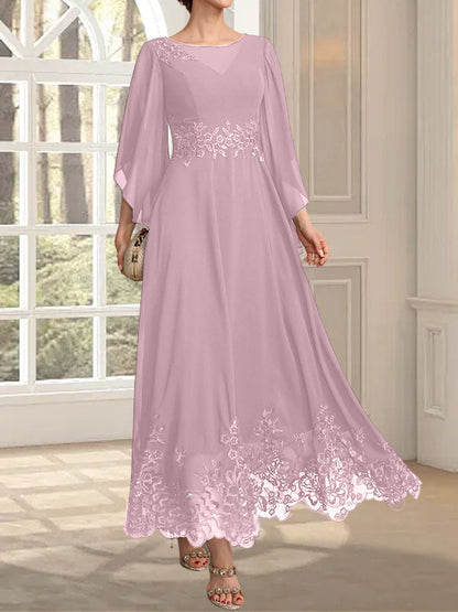 A-Linie, U-Ausschnitt, Illusion, knöchellang, Spitzen-Chiffon, Kleid für die Brautmutter mit Pailletten 