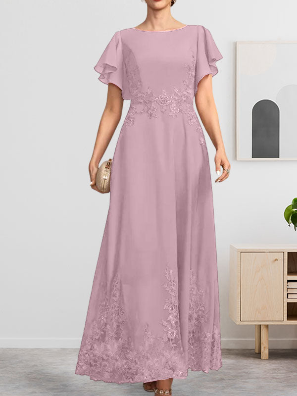 Robe de mère de la mariée en mousseline de soie à dentelle, longueur cheville, en forme trapèze avec décolleté arrondi et paillettes
