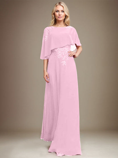 Vestido de gasa con encaje y lentejuelas para madre de la novia, corte A, largo hasta el suelo 