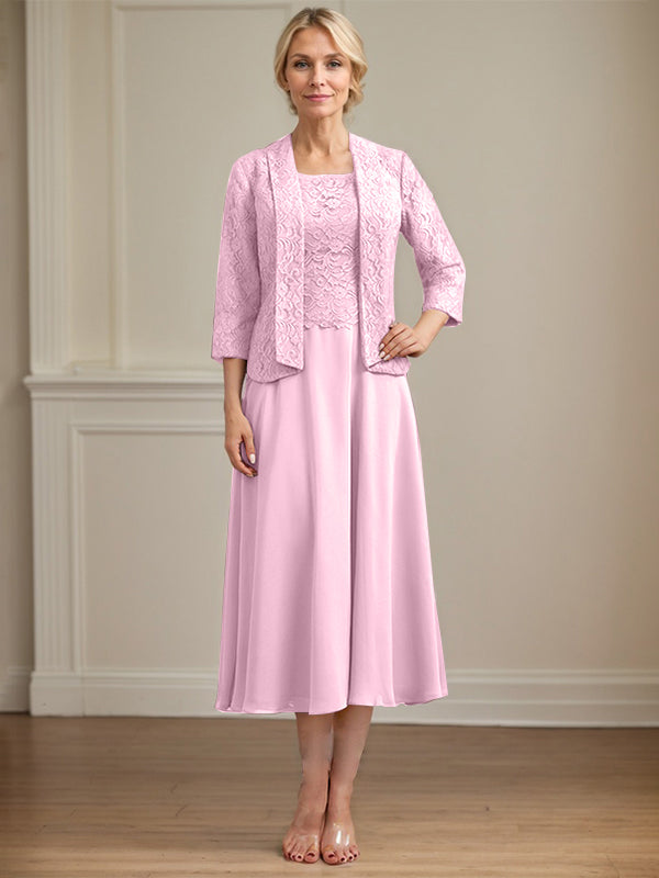 A-Linie U-Ausschnitt Wadenlang Chiffon-Kleid für die Brautmutter 