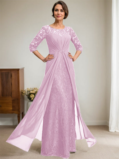 A-Linie U-Ausschnitt Illusion Bodenlang Spitzen Chiffon Mutter der Braut Kleid mit Perlenbesatz Rüschen 