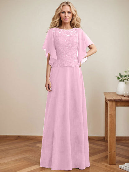 A-Linie, U-Ausschnitt, Illusion, bodenlanges Spitzen-Chiffon-Kleid für die Brautmutter mit Pailletten 