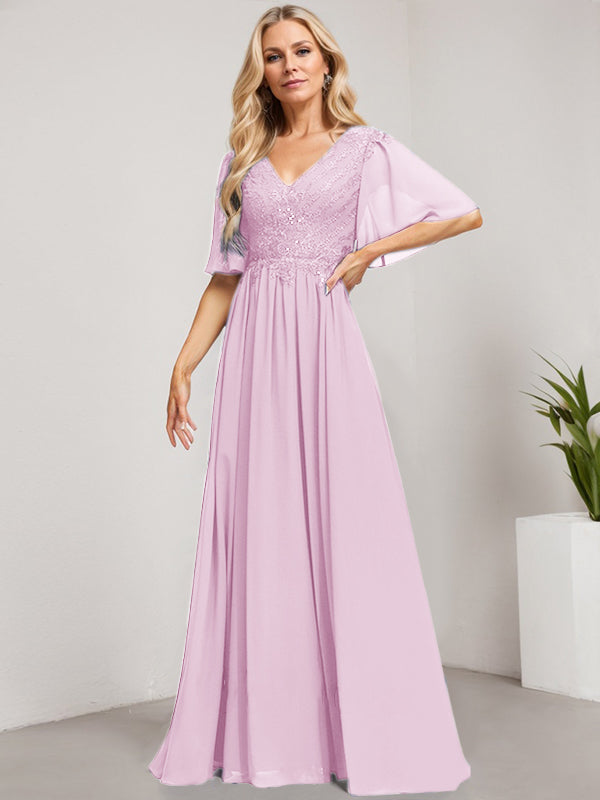 A-Linie V-Ausschnitt Bodenlanges Spitzen-Chiffon-Kleid für die Brautmutter mit Pailletten 