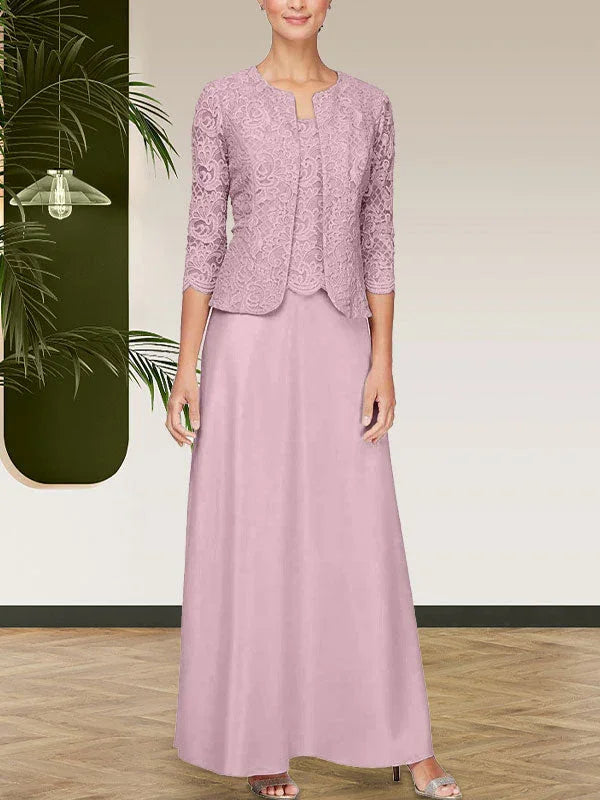 فستان مع جاكيت تنورة من الدانتيل اللامع والساتان مع جاكيت مفتوح