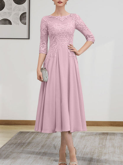 A-Linie, U-Ausschnitt, Illusion, knielang, Chiffon, Spitze, Kleid für die Brautmutter mit Perlen und Pailletten
