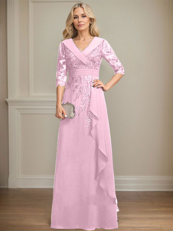 Robe de mère de la mariée en mousseline de soie à col en V, longueur au sol, ligne A, avec dentelle, paillettes et volants en cascade