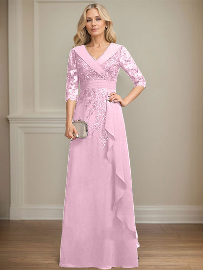 Vestido de madre de la novia de gasa con encaje, escote en V, corte A y largo hasta el suelo, con lentejuelas y volantes en cascada 