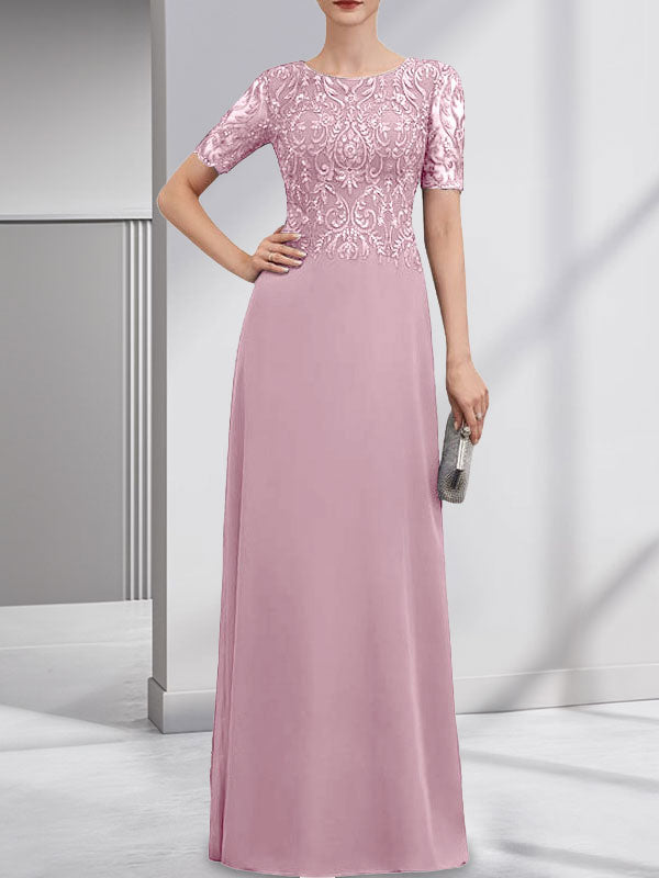 Robe de mère de la mariée en dentelle et mousseline, longueur au sol, en ligne A, décolleté en U, ornée de paillettes