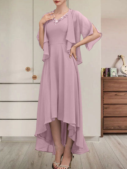 Vestido de gasa asimétrico para madre de la novia con escote en V, corte A y lentejuelas con abalorios