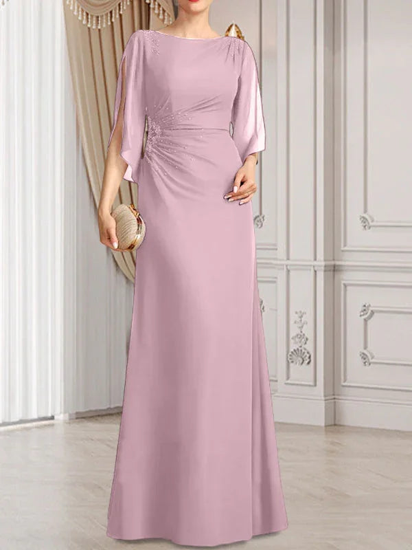 Vestido de madrina de novia de gasa largo hasta el suelo con corte columna y fajín plisado con cuentas