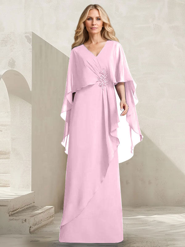 A-line V-Neck Floor-Length Chiffon Mother of the Bride Dress With Cascading Ruffles Beading