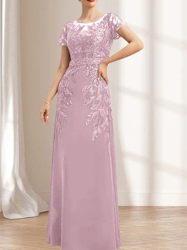 Robe mère de la mariée en dentelle et mousseline, illusion, coupe fourreau/colonne, longueur au sol, ornée de paillettes